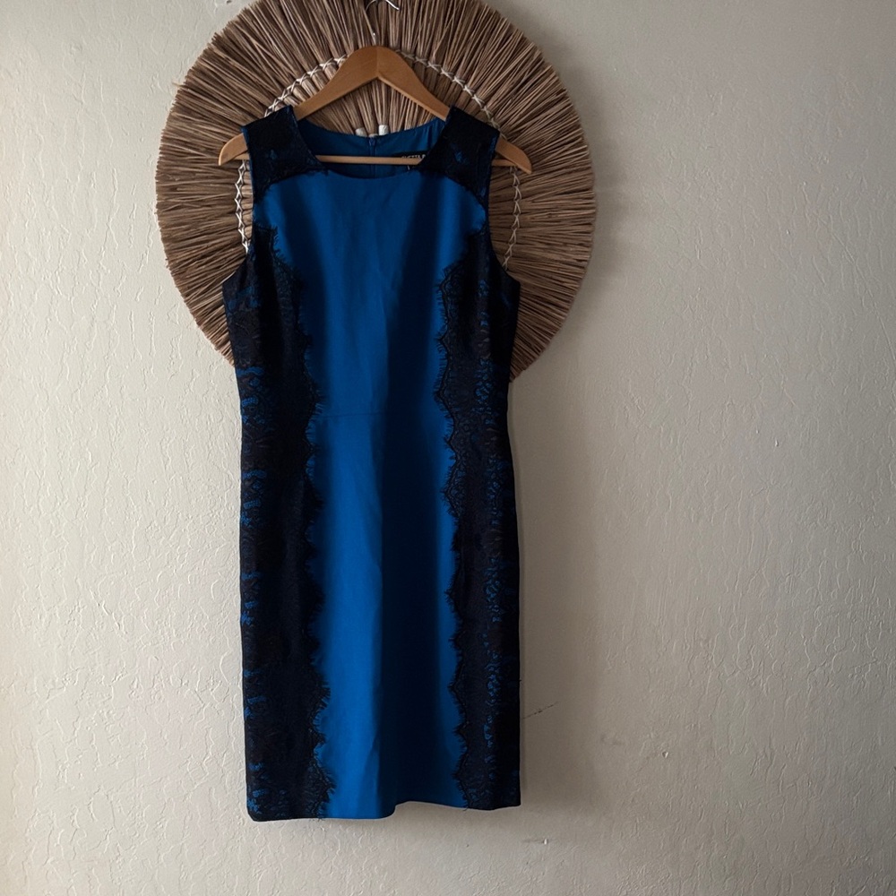 Chetta B Blue Midi Dress with Black Lace Panels